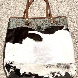 Brown and White Cowhide Tote Bag